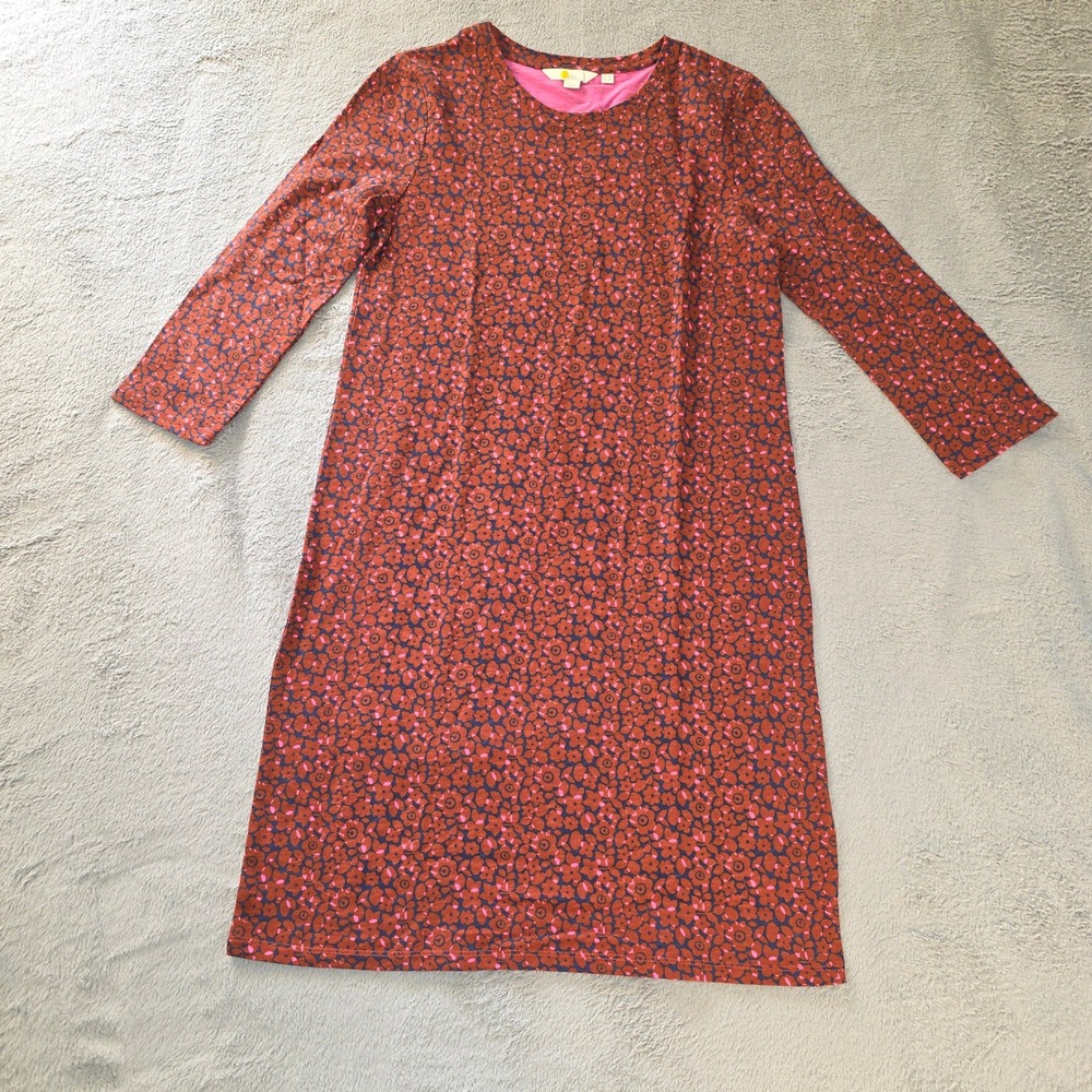 Boden Womens Brown Pink Floral Cotton Jersey Long Sleeve Shift Dress US 4R J0695